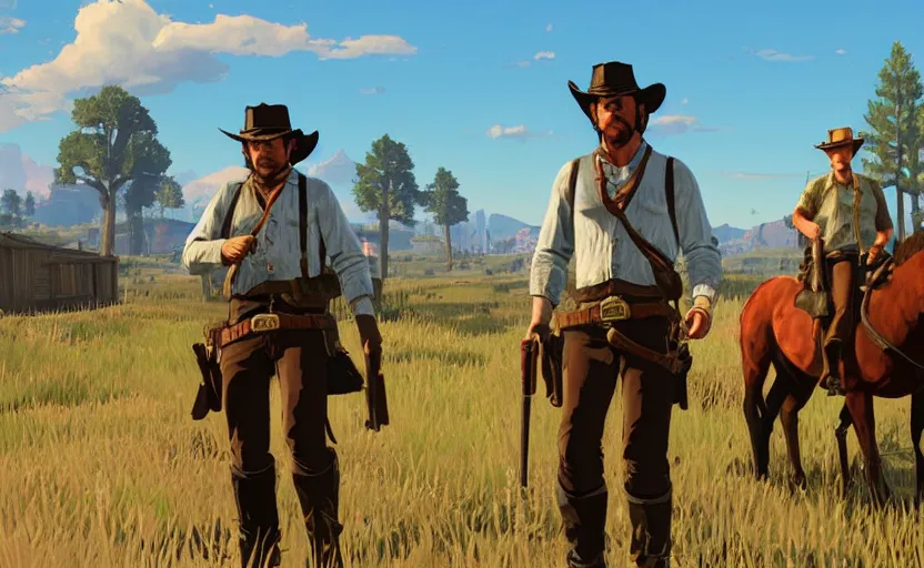 Prompt: red dead redemption two, in the art style of breath of the wild