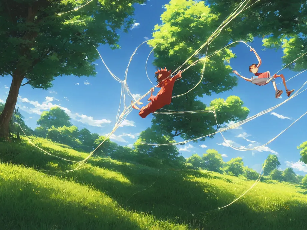 Image similar to extreme wide shot of a summer landscape, with a boy holding on to a string that connects to a web that envelopes the sun. Digital art by Makoto shinkai and Rebecca Sugar and Alan Lee.