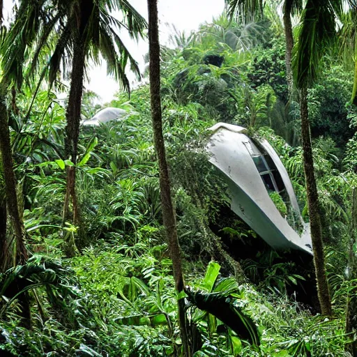 Image similar to old photo overgrown spaceship zaha hadid ruins in jungle