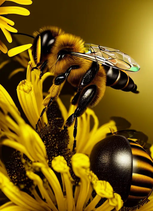 Image similar to highly detailed macro photo of a bee, stephen bliss, unreal engine, global illumination, radiant light, detailed and intricate environment