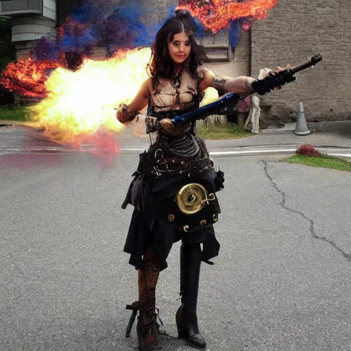 Prompt: photo of steampunk warrior woman with flamethrower