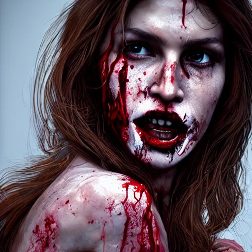 Image similar to portrait of young cindy crawford as a zombie with blood on face, 7 days to die zombie, strong golden rimlight, fine art, award winning, intricate, elegant, sharp focus, cinematic lighting, highly detailed, digital painting, 8 k concept art, art by guweiz and z. w. gu, masterpiece, trending on artstation, 8 k