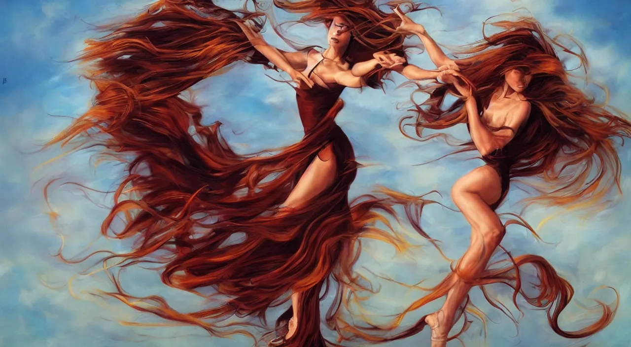 Image similar to a dancer with swirling hair is in the wind by julie bell, trending on artstation