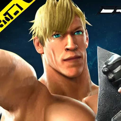 Image similar to John Cena as final fantasy Viii main character, high quality CG, game 3d cutscene FMV