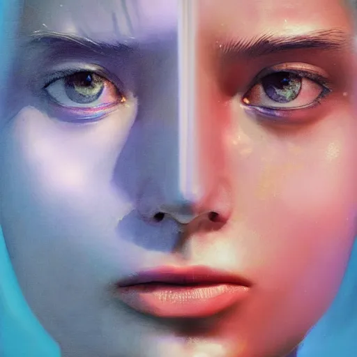 Image similar to 3 d, sci - fi, close - up, morning, smiling fashion model face, sun, cinematic, clouds, sun rays, vogue cover style, poster art, blue mood, realistic painting, intricate oil painting, high detail illustration, figurative art, multiple exposure, poster art, by tooth wu and wlop and beeple and greg rutkowski