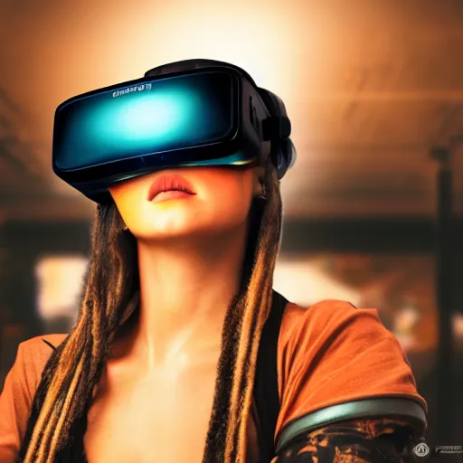 Image similar to a high quality portrait of a beautiful stunning pirate in a cyberpunk cyberpunk cyberpunk cafe wearing a VR visor realism 8k award winning photo