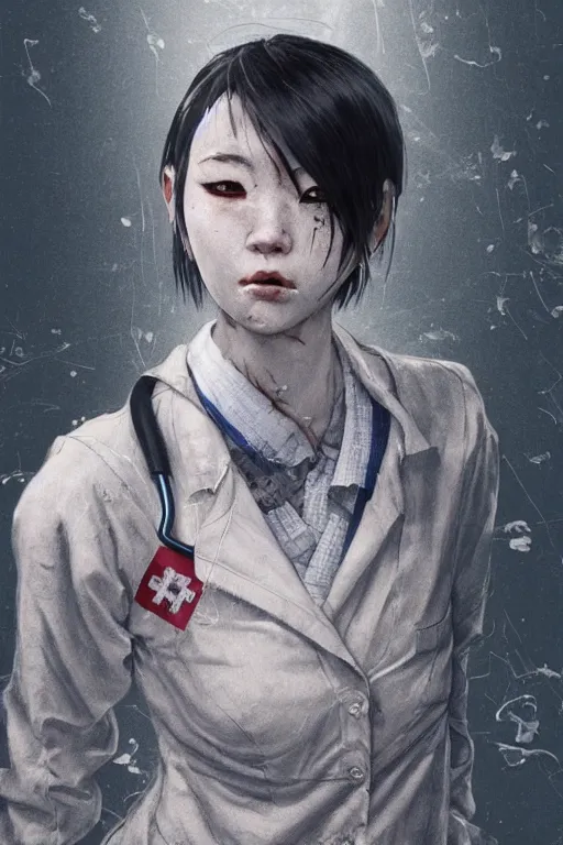 Prompt: grunge portrait of a Japanese creepy nurse girl, wearing a straight jacket in a busy Tokyo street at night, intricate artwork, nightmare fuel, terrifying, by akihiko yoshida , trending on artstation, greg rutkowski very coherent artwork. cinematic, hyper realism, high detail, octane render, 8k