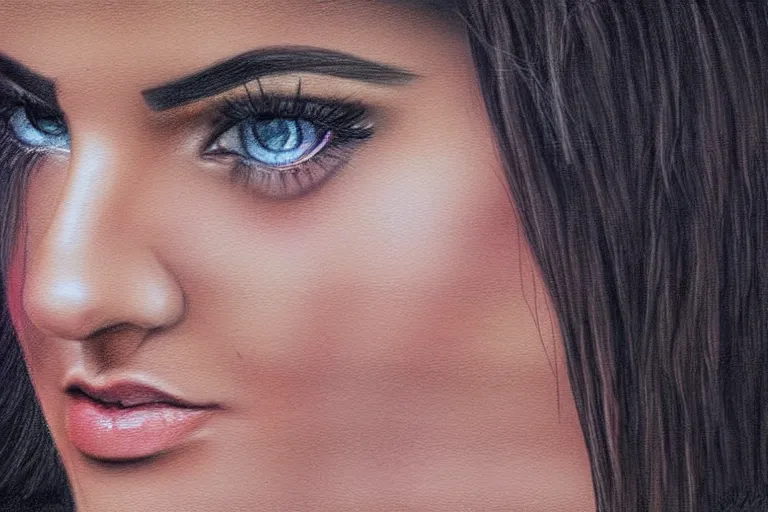 Image similar to inquisitive look in her eyes, Maite Perroni close-up portrait looking straight on, complex artistic color pencil sketch illustration, full detail, gentle shadowing, fully immersive reflections and particle effects, chromatic aberration.