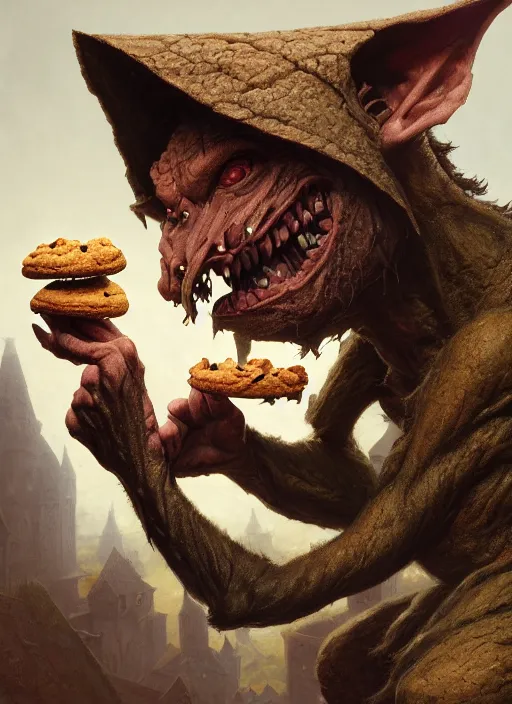 Image similar to highly detailed closeup portrait of a medieval goblin eating cookies, stephen bliss, unreal engine, greg rutkowski, ilya kuvshinov, ross draws, hyung tae and frank frazetta, tom bagshaw, tom whalen, nicoletta ceccoli, mark ryden, earl norem, global illumination, god rays, detailed and intricate environment