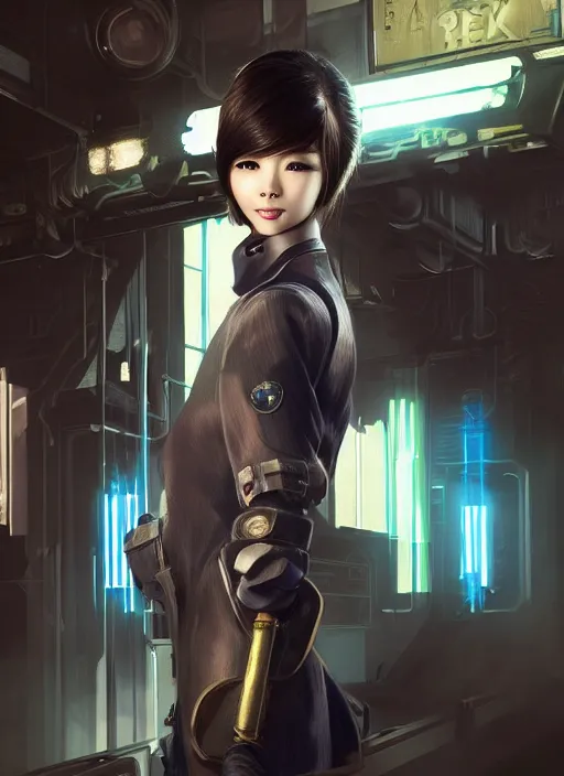 Image similar to portrait of angelababy, futuristic hong kong police uniform girl bioshock, au naturel, hyper detailed, digital art, trending in artstation, cinematic lighting, studio quality, smooth render, unreal engine 5 rendered, octane rendered, art style by klimt and nixeu and ian sprigger and wlop and krenz cushart