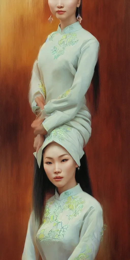 Image similar to yanjun cheng portrait of a beautiful vietnamese woman wearing vietnamese ao dai, intricate, detailed, symmetric face, by wlop and karol bak