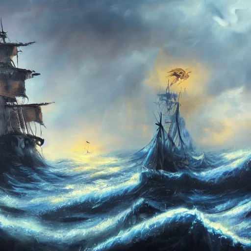 Prompt: oil painting of a kraken attacking a pirate ship, wallpaper, 4k
