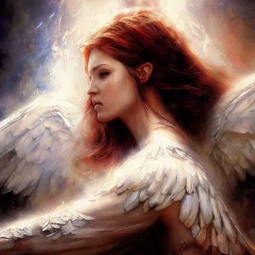 Prompt: a gathering of angels appeared above my head by by raymond swanland, highly detailed, bright tones