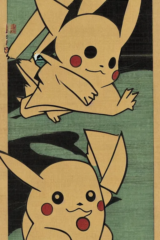 Prompt: Pikachu Pokemon, Japanese ukiyo-e ukiyo-ye woodblock print, by Moronobu