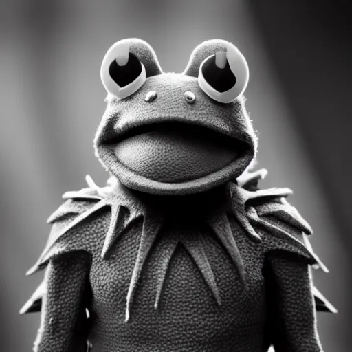 Image similar to symmetrical, film still of warhammer 4 0 k kermit the frog, studio lighting, depth of field, photography, black and white, highly detailed, action shot
