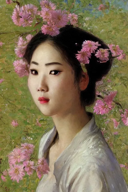 Prompt: close - up fashion asian woman portrait airy flowers clouds art by vasnetsov