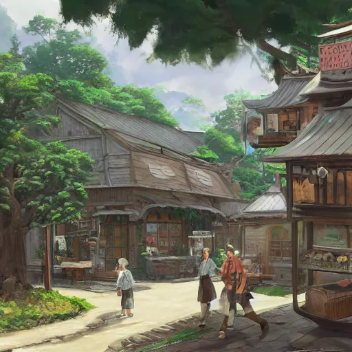 Image similar to concept art painting of a historic bakery with european and japanese architecture, in a woodland village surrounded by trees, in a mountain valley, realistic, detailed, cel shaded, in the style of makoto shinkai and greg rutkowski and james gurney