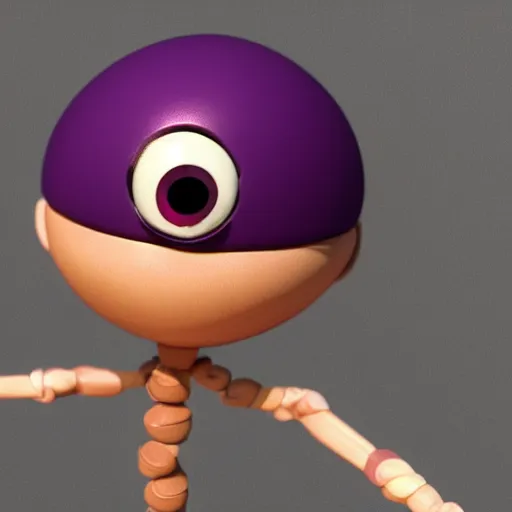 Image similar to photo of a comically tiny clay model of character with large spherical purple head and large childlike eyes with comically tiny body and spindly limbs leans close to the camera, fish eye lens, 4 k, hyper realistic, hyper detailed face, octane render, comedic, cute