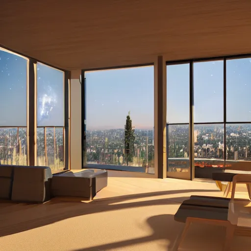 Image similar to wood room with a view of a nebula, modern architecture, cinematic, high quality, 8k, hyper realistic,