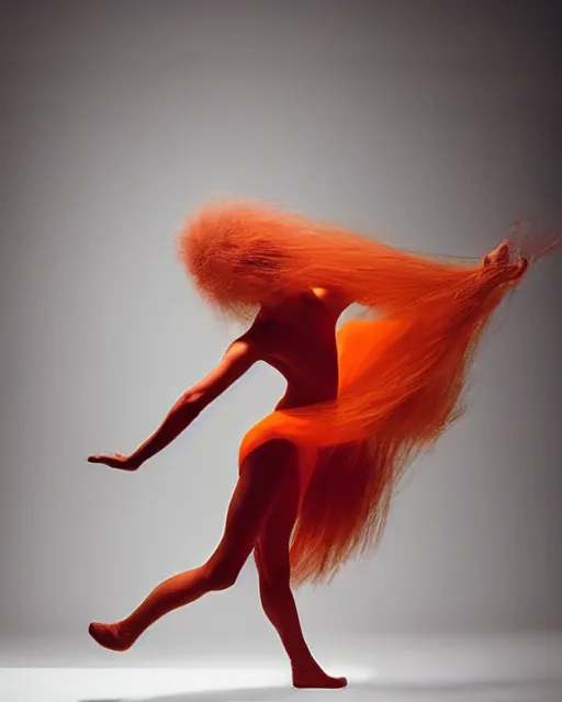 Image similar to expressively dancing on a bold James Turrell lit stage, a beguiling modern dancer dynamic Pantene gorgeous long luxurious hair flowing and flipping, high fashion photograph, isolated on vivid orangered, By Steven Meisel, by WLOP