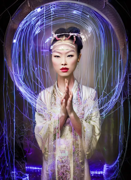 Image similar to photo shoot pose photo of beautiful Chinese ancient princess standing in the corridor in the space ship, symmetrical face, big eyes and lips, looking down, subtle makeup, clean face and body skin,ecstatic expression, ornamental jewelry and ancient translucent clothes, futuristic space ship interrior, wires with lights,depth of field, lens flares, dust in the air, moody lighting, intricate, elegant, highly detailed, centered, smooth, sharp focus, Donato Giancola, Joseph Christian Leyendecker, WLOP, Boris Vallejo, Artgerm moody photography, old photo, black and white, sepia, cinematic lighting, cinematic angle, editorial photography