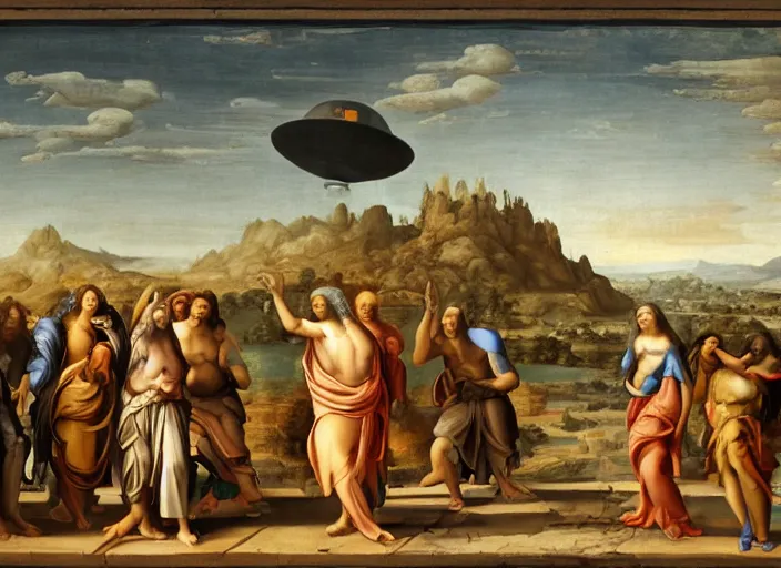 Image similar to : „a painting of a group of people outside in tropical desert Atlantis city pointing at a UFO in the sky, an ultrafine detailed painting by Giovanni Paolo Pannini, cg society, renaissance, da vinci, detailed painting, academic art“