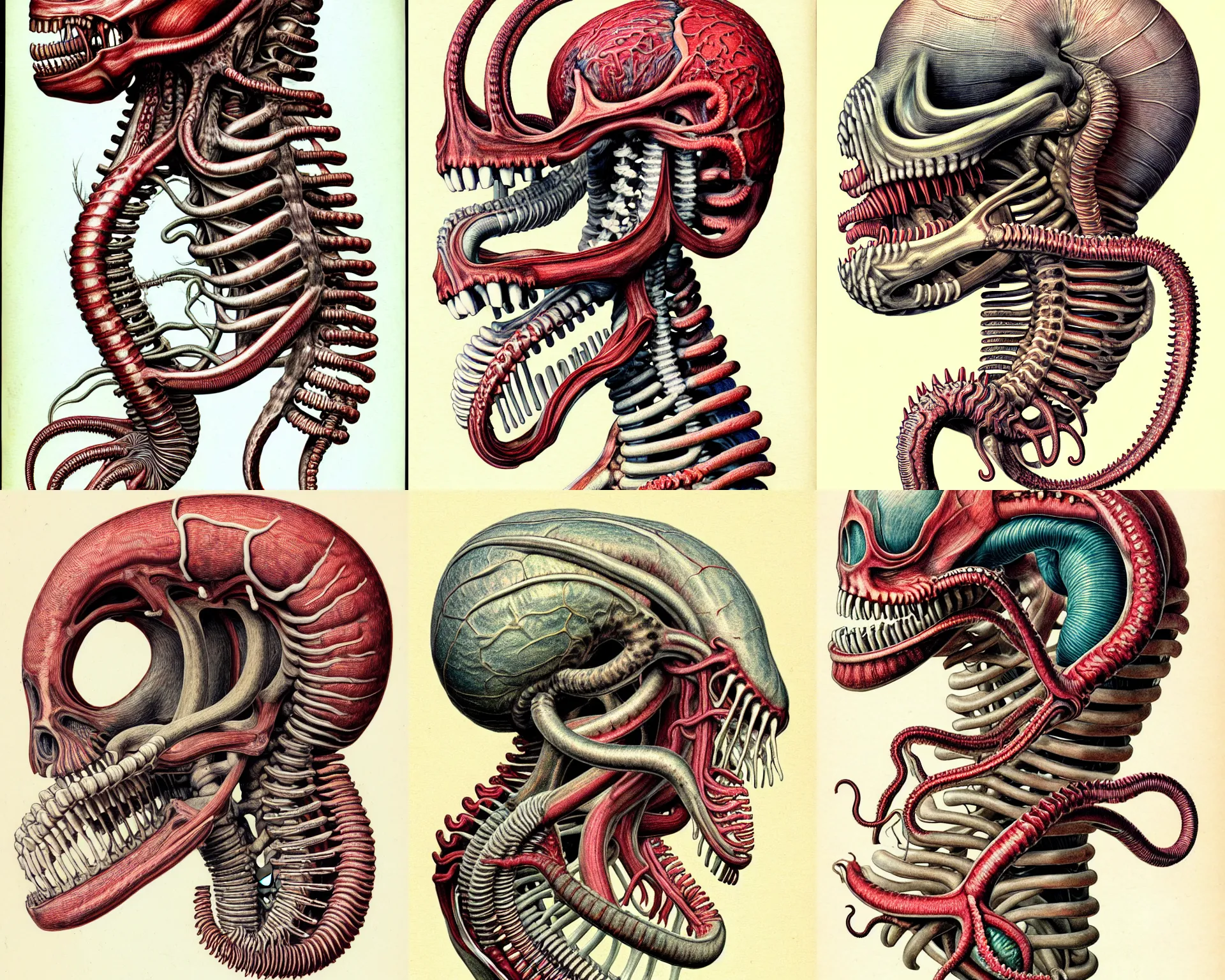 Prompt: hyper-detailed color pencil antique medical illustration of Kaiju head cross-section, nautilus brain, ribcage, xenomorph, with tentacles coming out of open mouth and exposed jaw bone, cervical spinal column, vertebra, arteries, cerebral corpus callosum, interventricular foramen, symmetrical