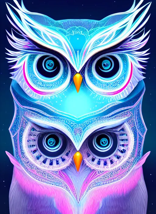 Image similar to symmetry!! product render poster vivid colors divine proportion owl, ice and snow, glowing fog intricate, elegant, highly detailed, digital painting, artstation, concept art, smooth, sharp focus, illustration,