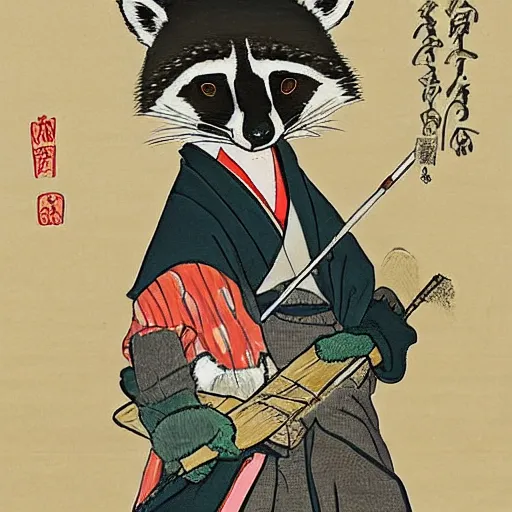 Prompt: A raccoon wearing formal clothes, wearing a tophap and holding a cane. The raccoon is holding a garbage bag. Oil painting in the style of Hokusai