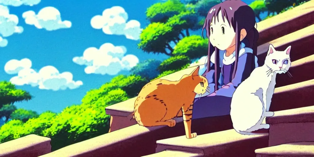 Prompt: the girl and the cat, sitting on stairs. morning in a small village in the mountains, rocky roads, beautifull puffy clouds. anime, studio ghibli. intricate, beautiful, cinematic