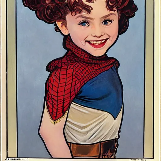 Image similar to a little girl with a mischievous face and light brown curly wavy hair. she is dressed as captain america, spider - man, batman, captain marvel, a superhero. well composed, clean elegant painting, beautiful detailed face. by steve ditko and jack kirby and alphonse mucha