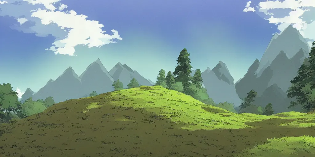 Prompt: a peaceful mountain overlooking a field, ultra detailed, studio ghibli