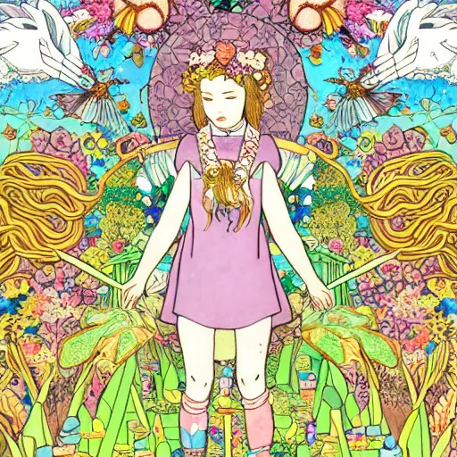 Prompt: a young NeoPagan Goddess of Spring, inside her temple, in a blended style by Junko Mizuno, Henry Darger, and Peter Chung, hyper detailed, photorealistic digital art, flat colors, extremely fine inking lines