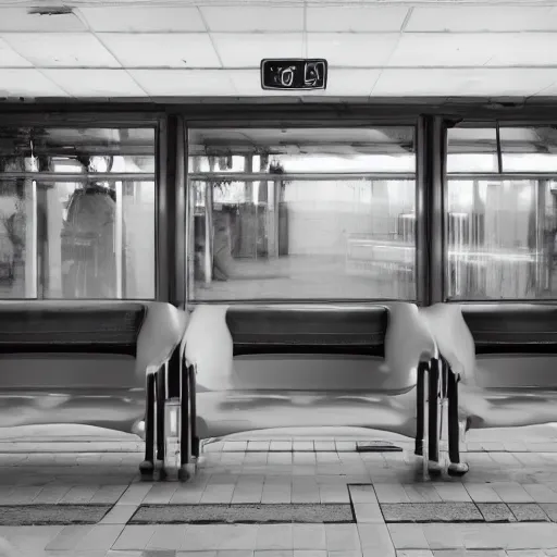 Prompt: waiting room of a large station, photographic image, highly detailed, sharp focus