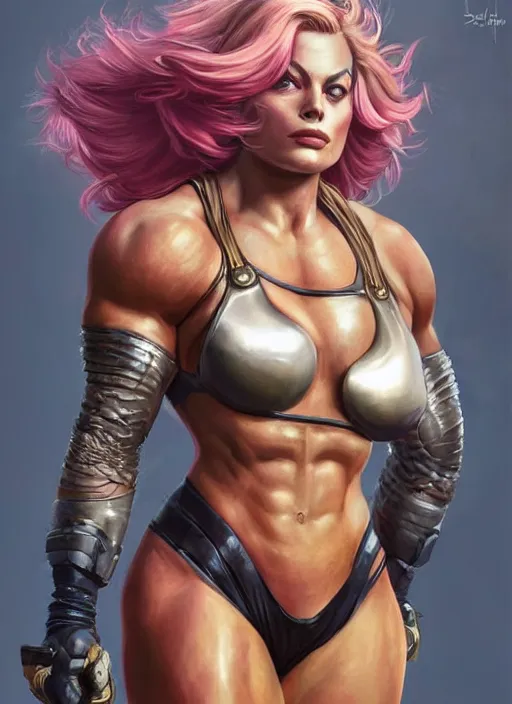 Image similar to detailed portrait of margot robbie as a thick female bodybuilder zarya from overwatch, attractive, beautiful, fantasy, intricate, elegant, highly detailed, digital painting, artstation, concept art, matte, sharp focus, illustration, art by aenaluck, artgerm and roberto ferri and greg rutkowski, epic fantasy, digital painting