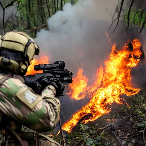 Image similar to close up CSAT Viper Special Forces fighting devastated burning exploding jungle combat photography 2022, Canon EOS R3, f/1.4, ISO 200, 1/160s, 8K, RAW, unedited, in-frame,