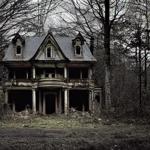 Prompt: abandoned mansion in the woods, dark, moody, gloomy, by Gregory Crewdson and James Gurney