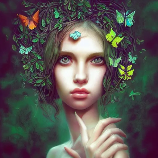 Prompt: surreal, beautiful, young woman, detailed gorgeous face, sad eyes, vaporwave aesthetic, synthwave , digital art, butterflies, birds, plants, branches, leaves, digital painting, artstation, concept art, smooth, sharp focus, illustration, art by Marcela Bolivar, - n 9
