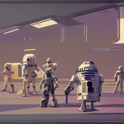 Image similar to ralph mcquarrie concept art of a futuristic mcdonalds. a space station is seen off in the distance with various droids and people walking in the foreground. a trooper is seen holding a brown mcdonalds bag.