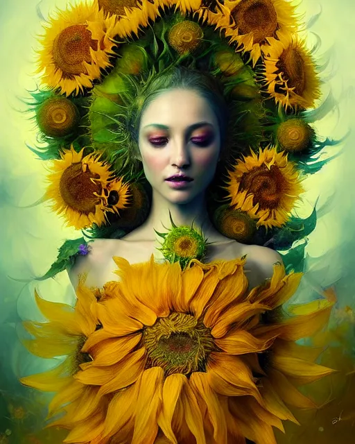 Image similar to Full View Portrait Mystical ethereal sunflower deity wearing beautiful dress, sunflower Dryad, 4k digital masterpiece by Anna dittman and Ruan Jia and Alberto Seveso, fantasycore, Hyperdetailed, realistic oil on linen, soft lighting, sunflower background, featured on Artstation