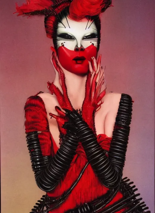 Image similar to an 8 0 s portrait of a woman with dark eye - shadow and red lips with dark slicked back hair, a mask made of wire and beads, dreaming acid - fueled hallucinations by serge lutens, rolf armstrong, delphin enjolras, peter elson, red cloth background