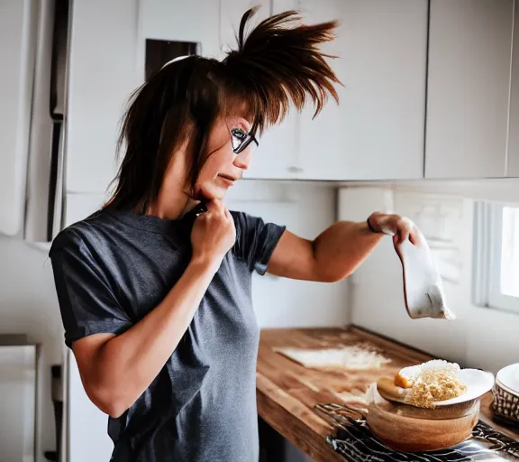 Image similar to A tomboyish girl wearing only an oversized tshirt is making scrambled eggs in the kitchen. It is a cozy morning. Amateur photo.