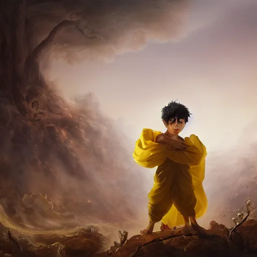 Image similar to A epic and beautiful rococo painting of a young arab boy covered in yellow cloth surrounded by wolves of ashes, standing before a desert of ashes. ultra-detailed. Anime, pixiv, UHD 8K CryEngine, octane render