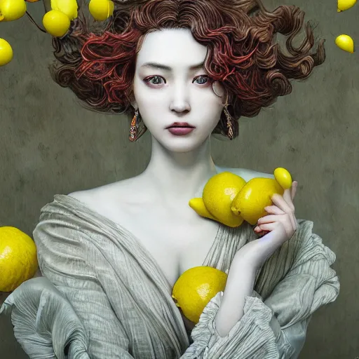 Image similar to the portrait of a sensual lemon that resembles an absurdly beautiful, graceful, elegant, sophisticated gravure idol, an ultrafine hyperdetailed illustration by kim jung gi, irakli nadar, intricate linework, bright colors, octopath traveler, final fantasy, unreal engine 5 highly rendered, global illumination, radiant light, detailed and intricate environment