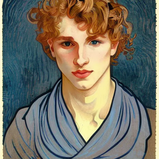 Image similar to painting of a young cute handsome beautiful strawberry blond medium wavy curly hair man in his early 2 0 s with grey - blue eyes wearing a blank t - shirt, by alphonse mucha, vincent van gogh, egon schiele