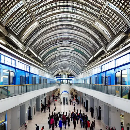 Image similar to elaborate and beautiful train station hall filled with travelers, designed by zaha hadid, bold colored walls, tall ceilings, large windows, lots of bold colors, unique architecture, sunbeams, detailed 8k