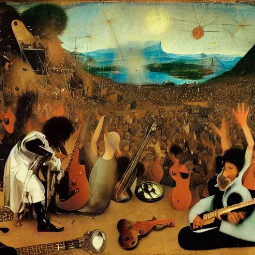 Image similar to jimy hendrix at woodstock by hieronymus bosch