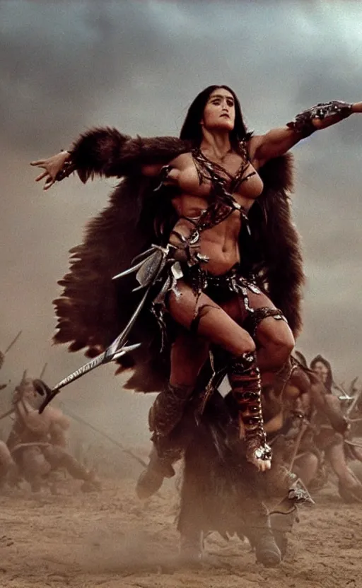 Image similar to epic photo of muscular salma hayek as beautiful barbarian warrior princess wearing leather armor and fur cloak in a battle scene with hundreds of warriors behind her, sweaty, detailed eyes, neutral expression, depth of field, photorealistic, cinematic lighting, lovely bokeh, warm colours, dusk, movie quality, conan the destroyer 1 9 8 5, movie still, cinemascope