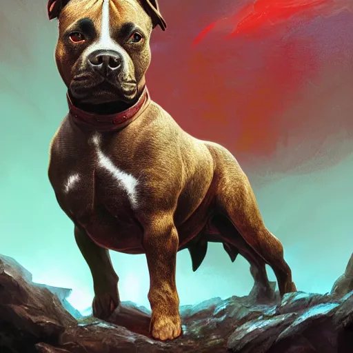 Image similar to Staffordshire bull terrier Dog, battle armour, Anthropomorphized, casting epic spell, magic the gathering artwork, D&D, fantasy, cinematic lighting, centered, symmetrical, highly detailed, digital painting, artstation, concept art, smooth, sharp focus, illustration, volumetric lighting, epic Composition, 8k, art by Akihiko Yoshida and Greg Rutkowski and Craig Mullins, heroic pose, oil painting, cgsociety, magic lab background