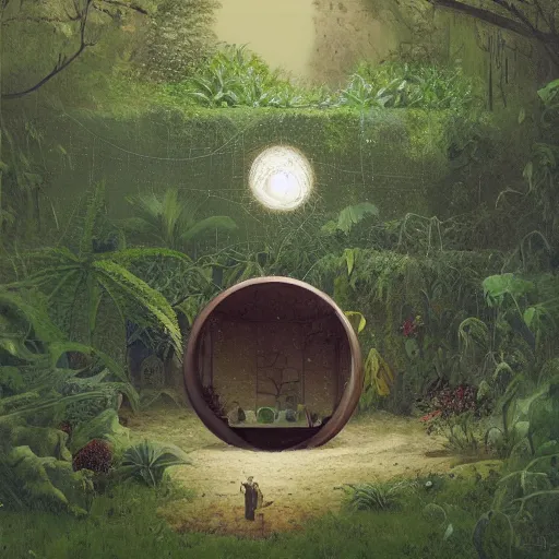 Image similar to a portal in a mysterious garden filled with spherical plants, artwork by Scott Listfield, trending on art station